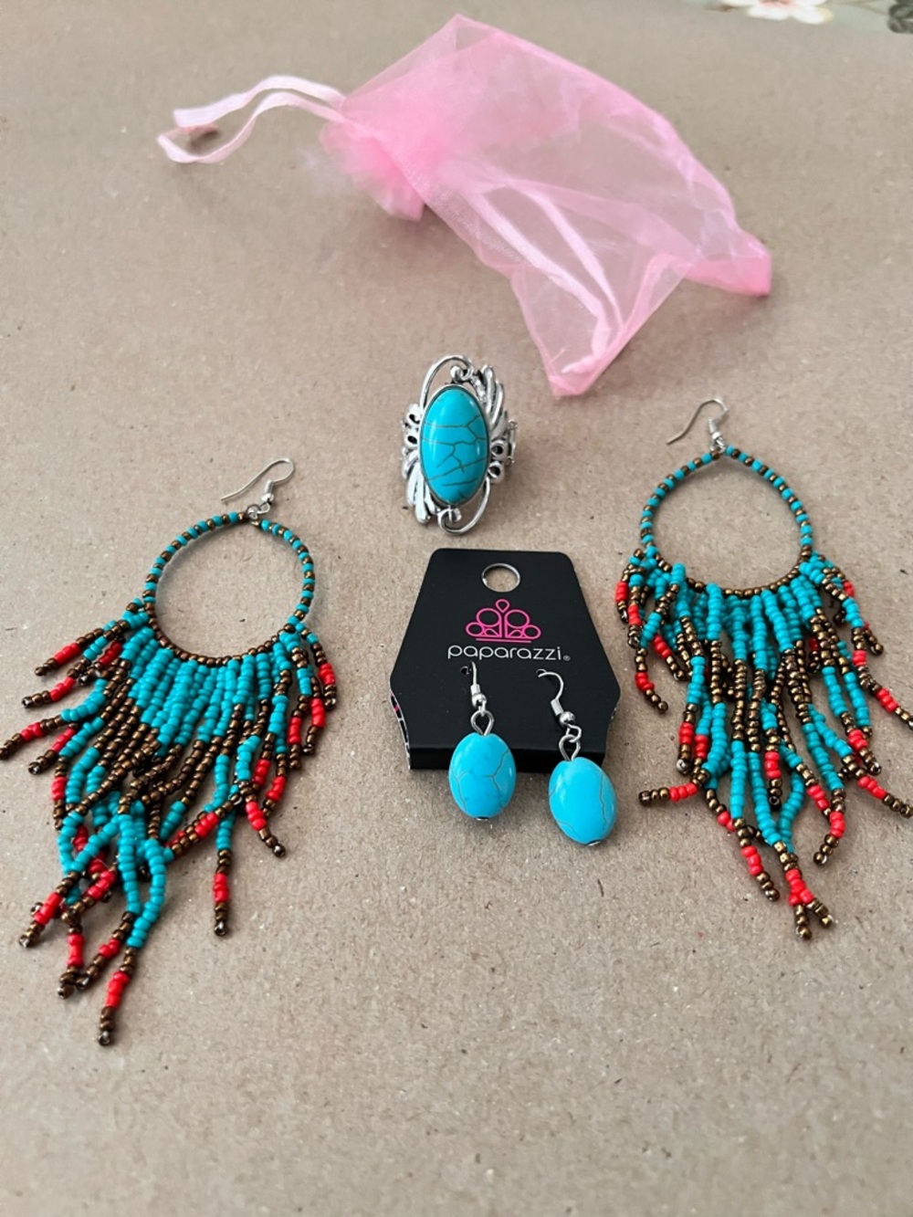 paparazzi Turquoise, Red and Gold Beaded Fringe Earrings Set